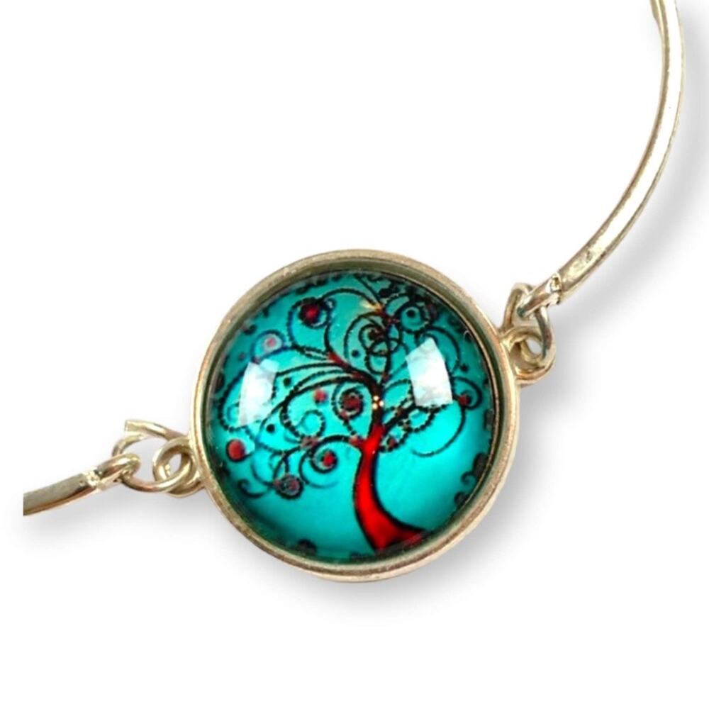 Tree of Life bracelet delicate silver tone aqua and red stylized tree of life